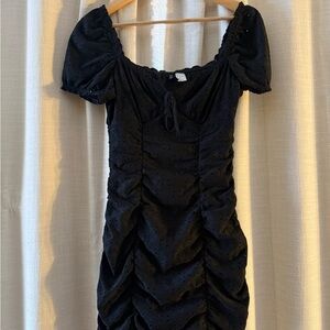 H&M Black Puff-Sleeve Ruched Eyelet Mini Dress